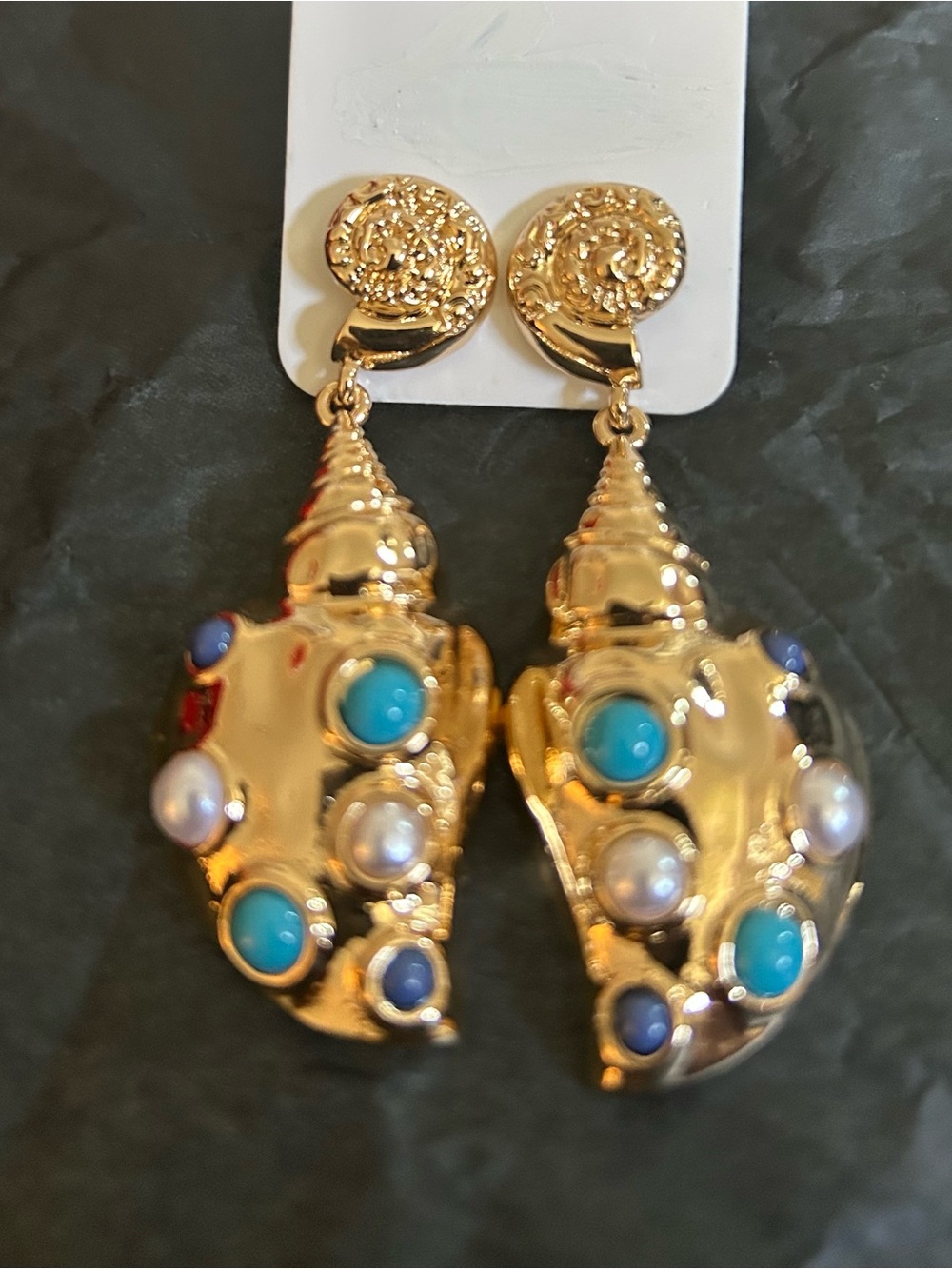 Gold-Tone Turquoise & Pearl Statement Drop Shell Earrings NWOT